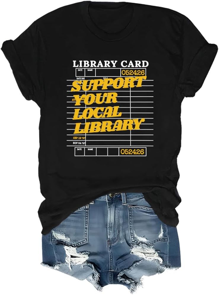 Support Your Local Library Shirt Vintage Card Book Lover Librarian Tee - Black