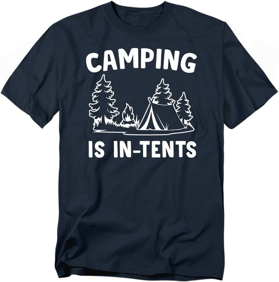 Popfunk Camping is in-Tents T-Shirt – Funny Outdoor Camping Pun Tee, Unisex - Navy