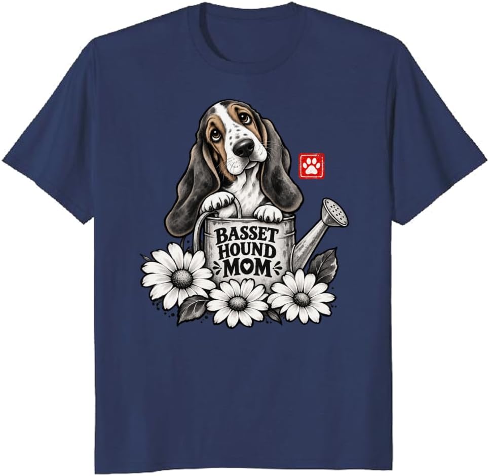 Basset Hound Mom T-Shirt Ukiyo-E Tattoo Heart Dog Graphic Tee - S3
