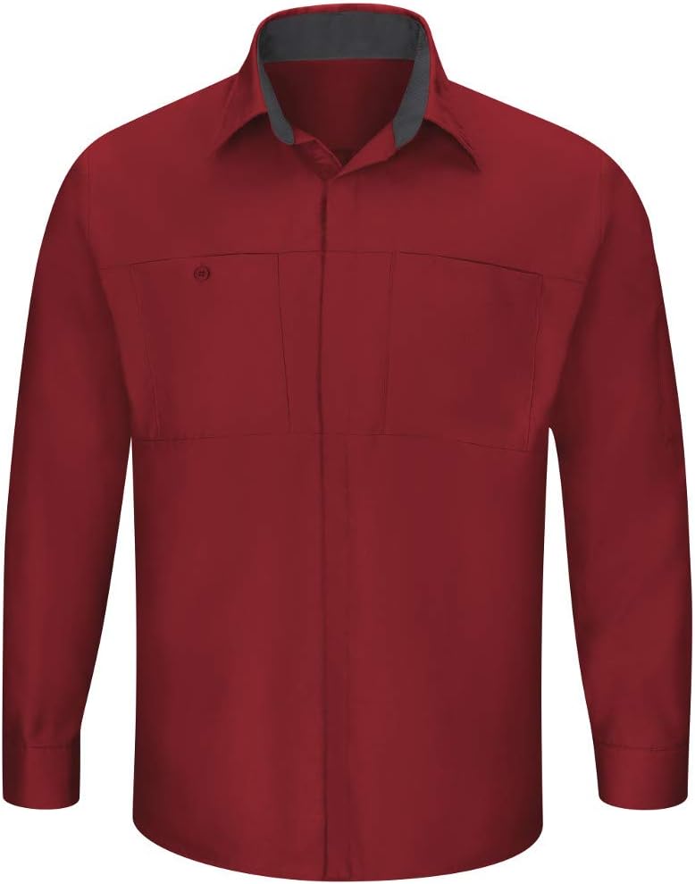 Red Kap Men's Long Sleeve Performance Plus Shop Shirt with Oilblok Technology - Fireball Red With Charcoal Mesh