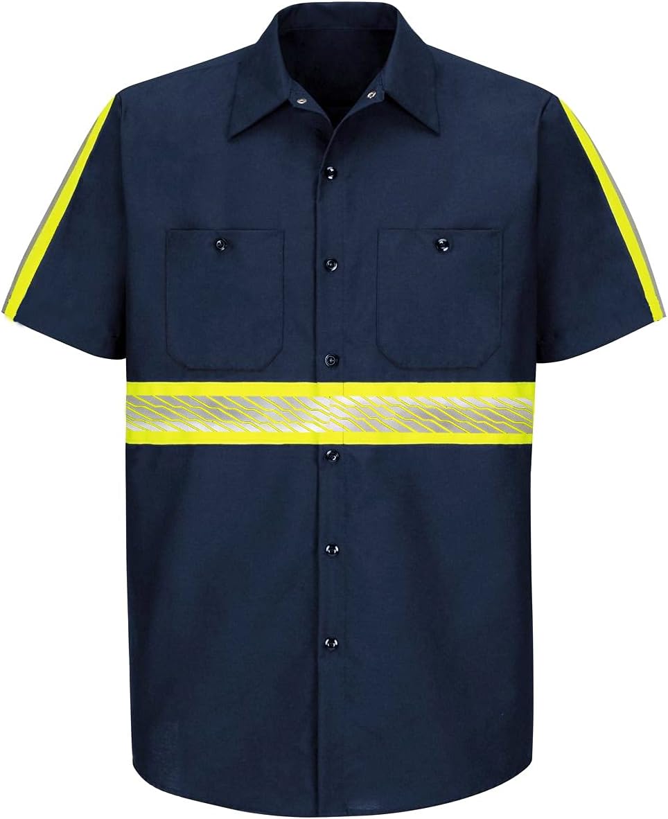 L&M Men's Enhanced Visibility Industrial Work Shirt Reflective Short Long Sleeve HIGH Visibility - Navy_short Sleeve