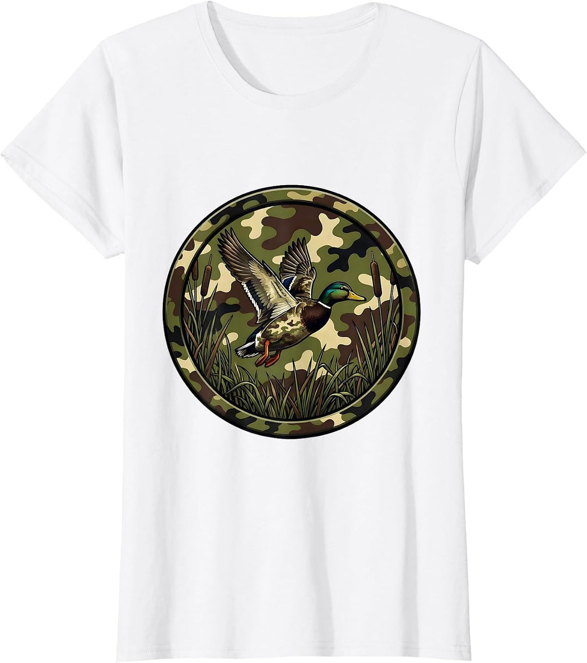 Duck Flying Over Misty Camo Marsh Illustration T-Shirt - White