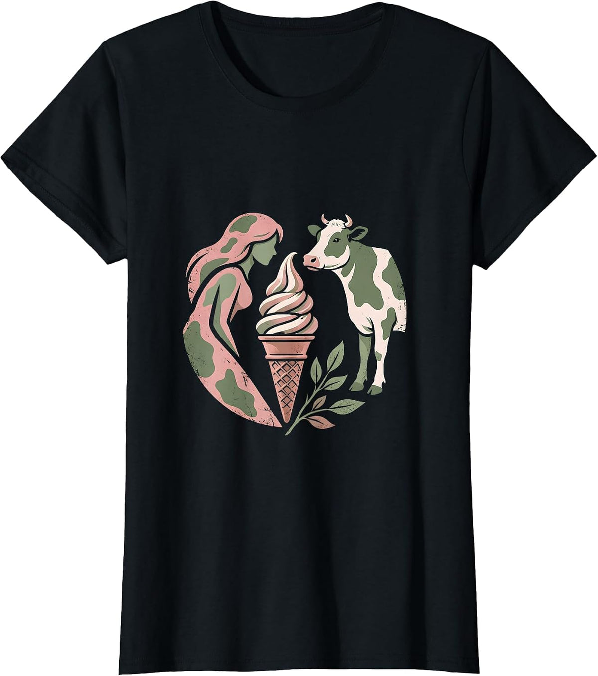 Cow Print Woman and Cow Sharing Ice Cream T-Shirt - Black