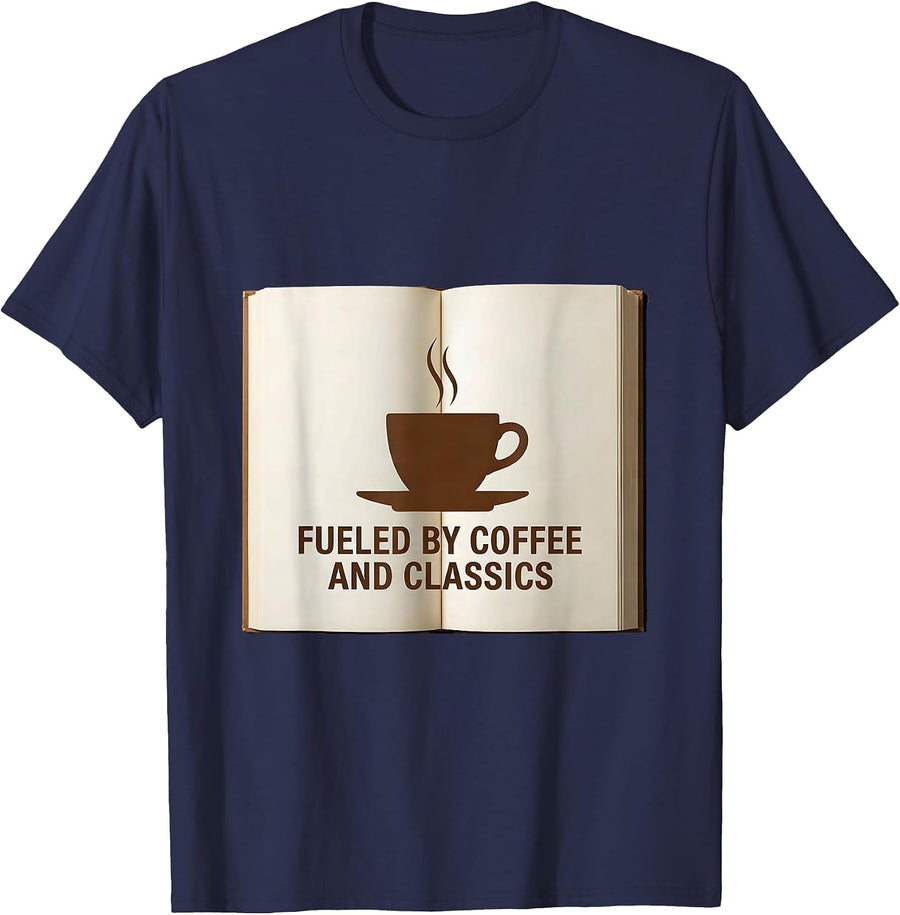 Fueled by Coffee and Classics English Teacher Design T-Shirt - Navy Blue