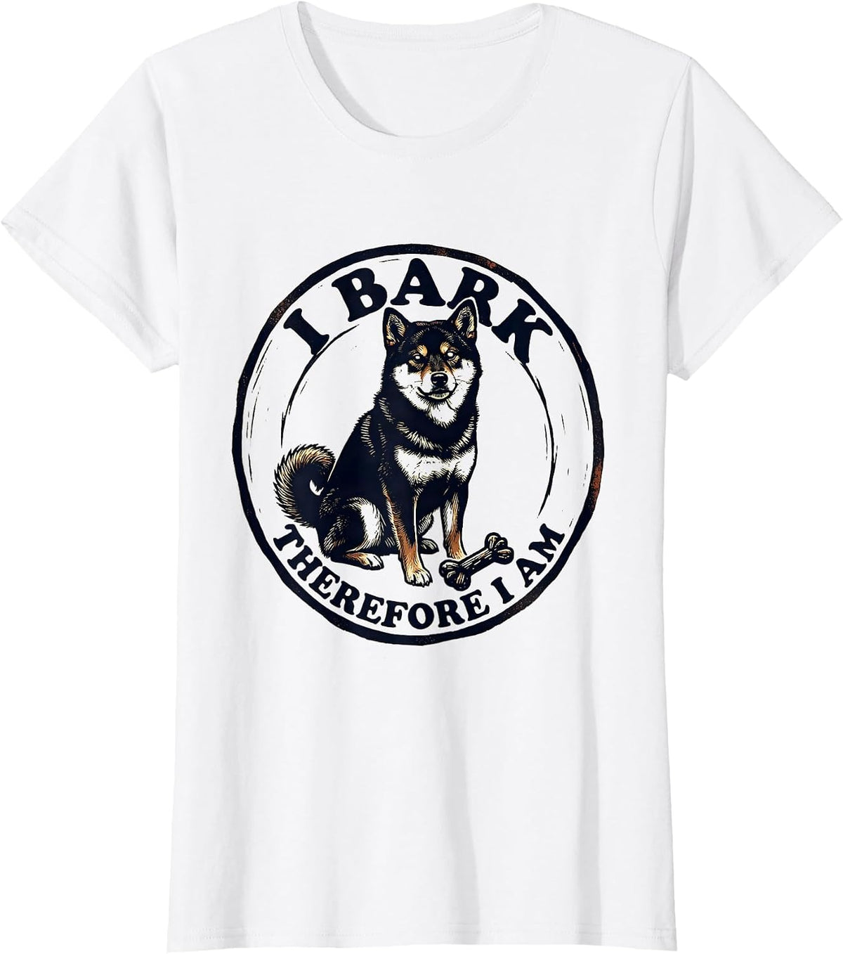 Women's I Bark Therefore I Am Funny Dog Owner Linocut Pet Lover T-Shirt - White