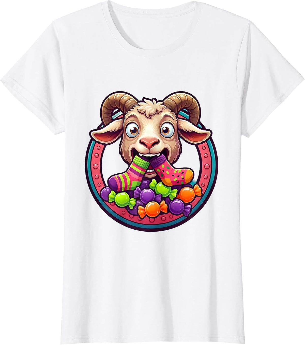 Funny Goat Eating Socks Silly Animal Illustration T-Shirt - White