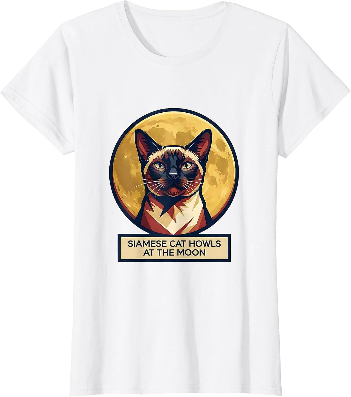 Women's Siamese Cat Howls at the Moon Retro Novelty Cat Lover T-Shirt - White