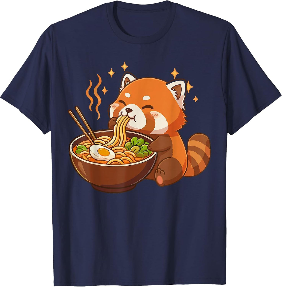 Red Panda Eating Ramen Noodles T-Shirt - Navy Blue