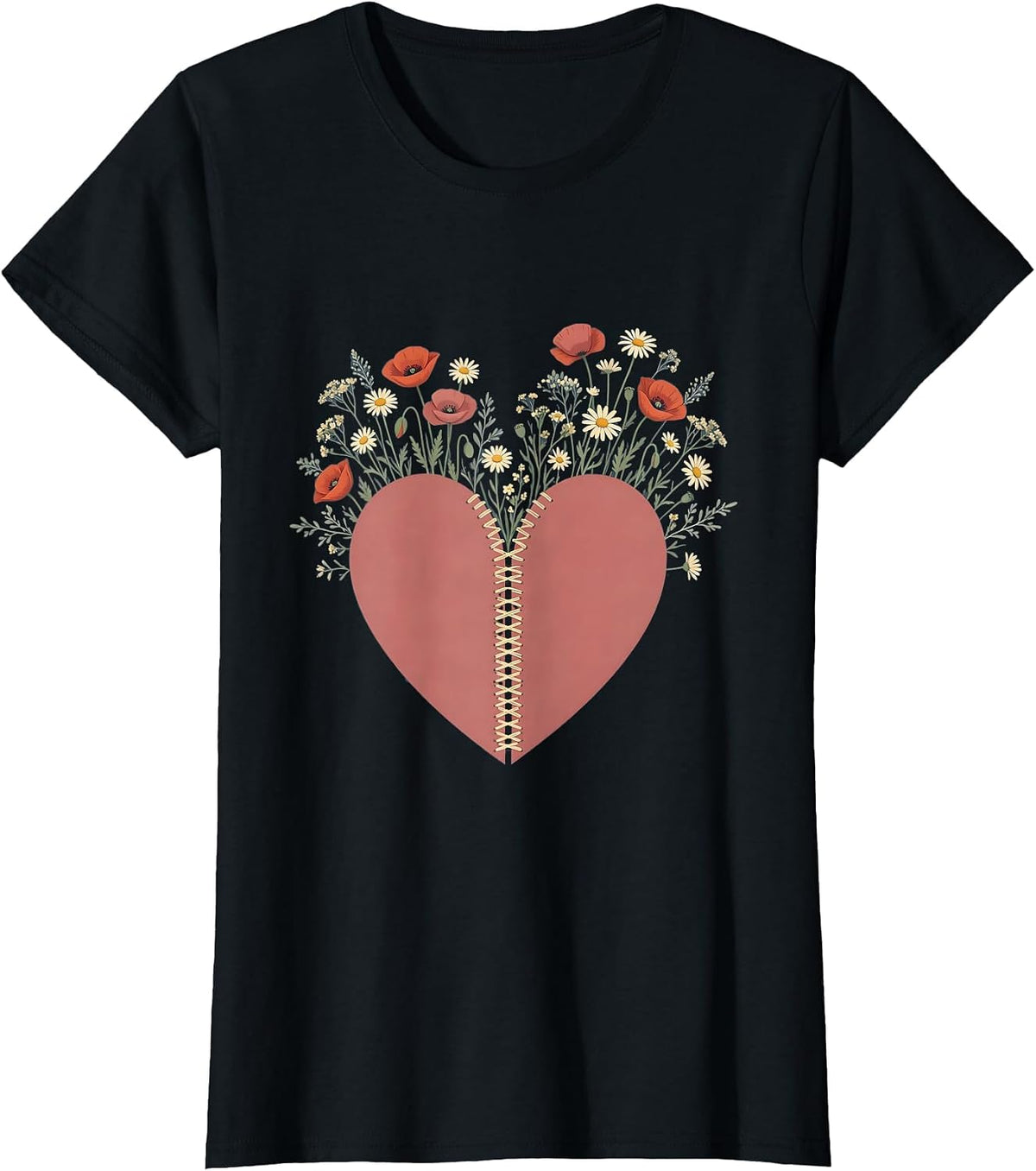 Women's Mental Health Matters Heart Wildflower Illustration T-Shirt - Black
