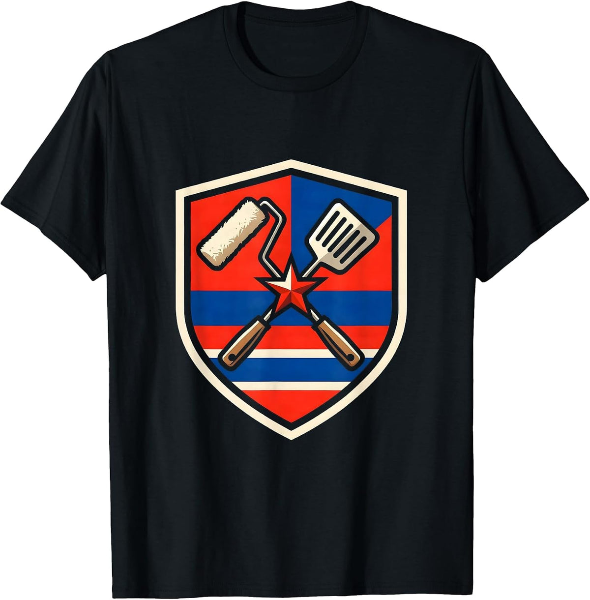 Men's Varsity Shield Paint Roller BBQ Spatula Labor Day Patriotic T-Shirt - Black