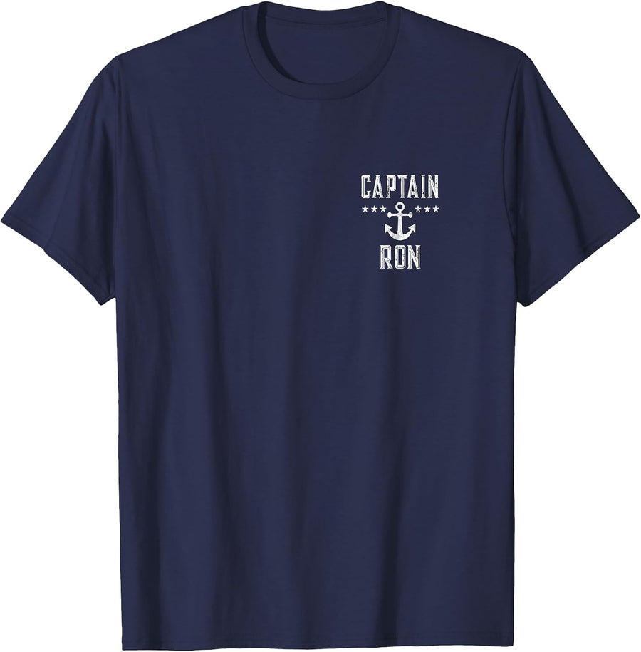 (Printed Both Sides) Retro Captain Ron Personalized Boating T-Shirt - Navy Blue