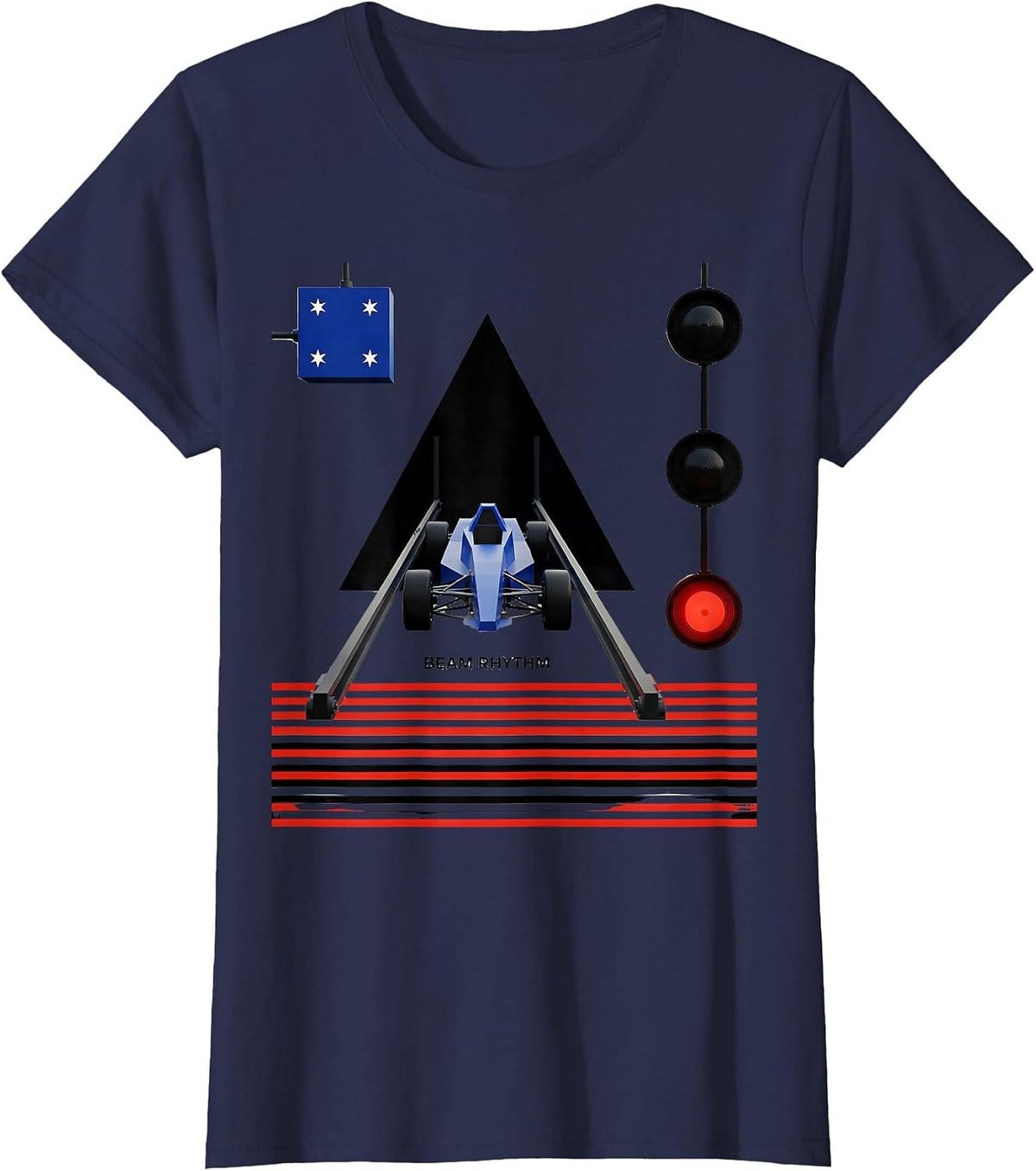Women's Beam Rhythm Bauhaus Modernist RC Drag Racing American Flag T-Shirt - Navy Blue