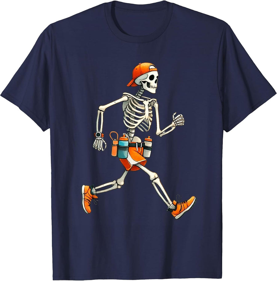 Skeleton Marathon Runner Halloween Costume Running Men Boys T-Shirt - Navy Blue