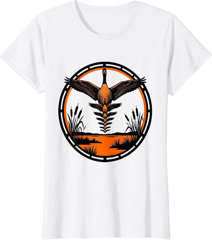 Women's Goose Flock V-Formation Dusk Hunting Design T-Shirt - White