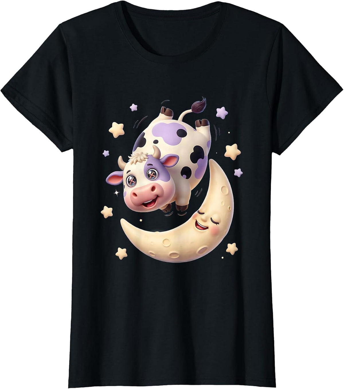Women's Funny Cow Jumping Over the Moon Backwards T-Shirt - Black