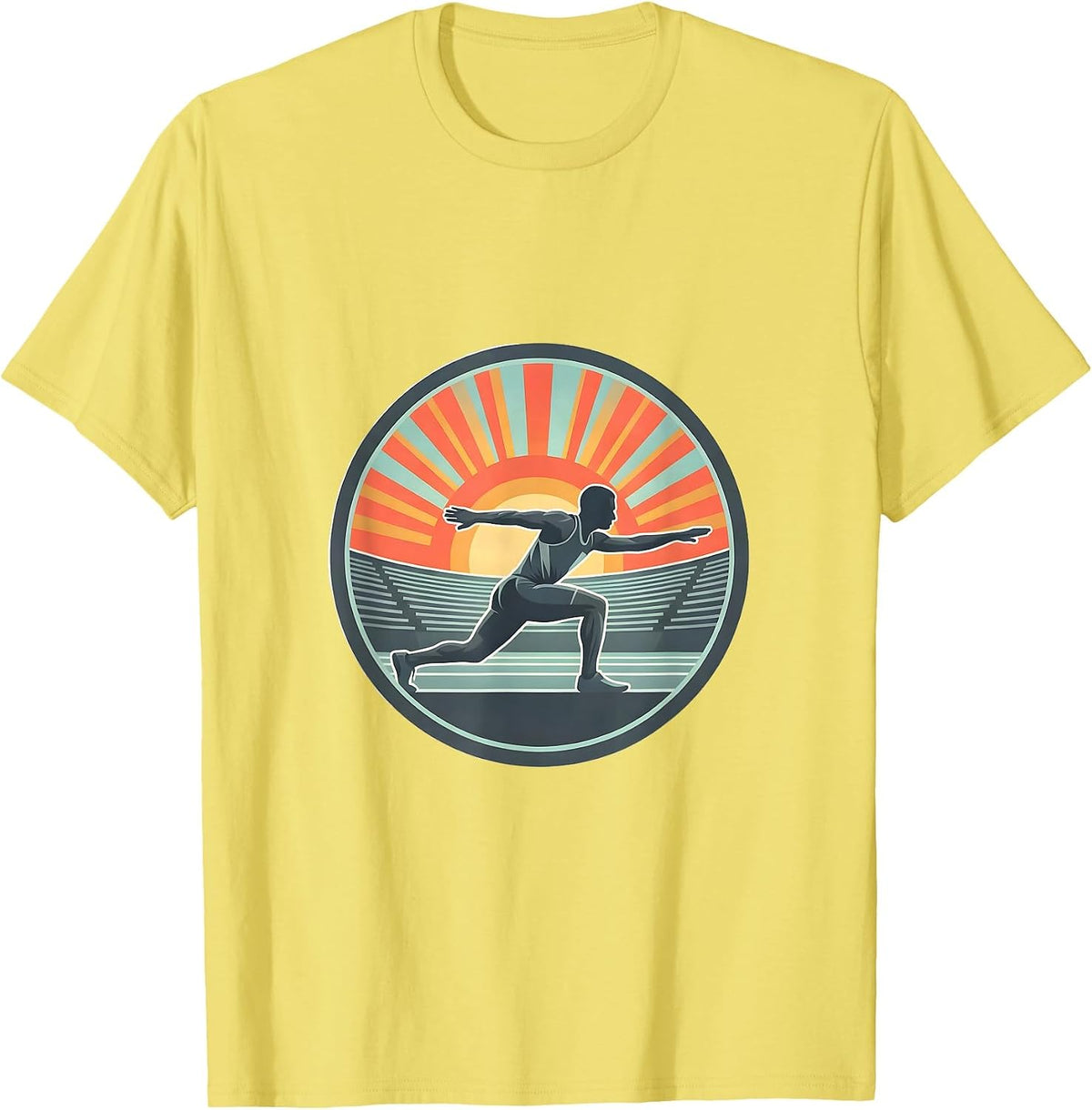 Men's Track Athlete Stretching Stadium Sunrise Graphic T-Shirt - Lemon Yellow
