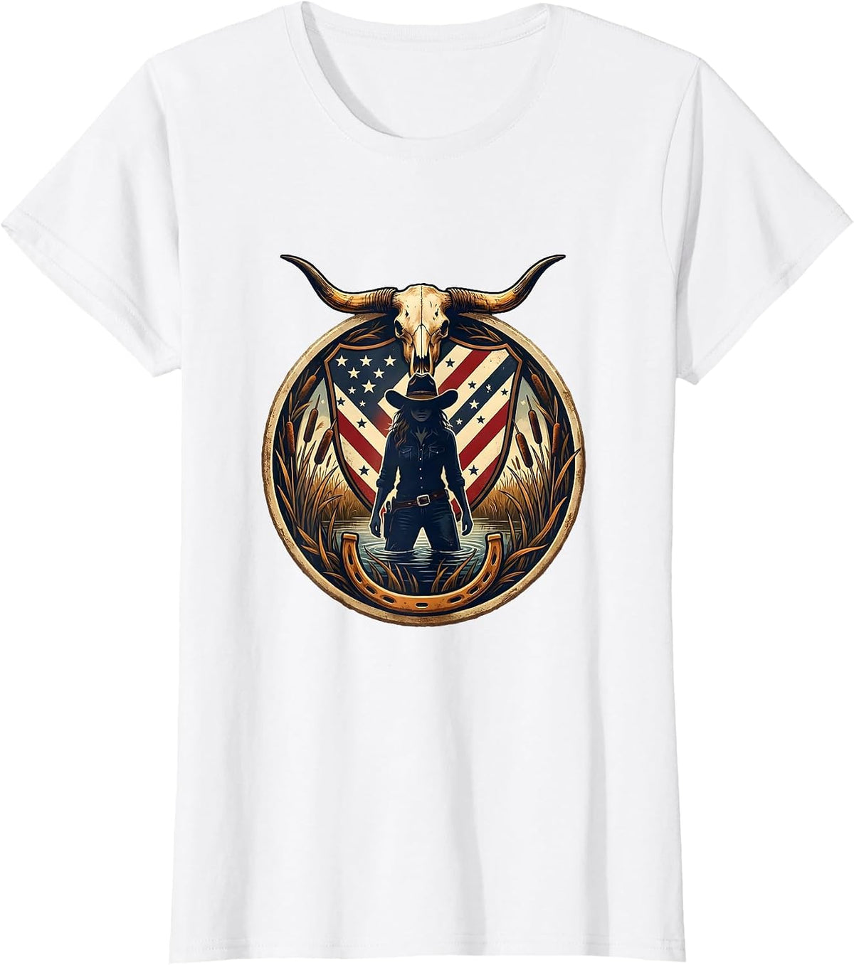 Camo Hunter Standing in Marsh Reeds Illustration T-Shirt - White