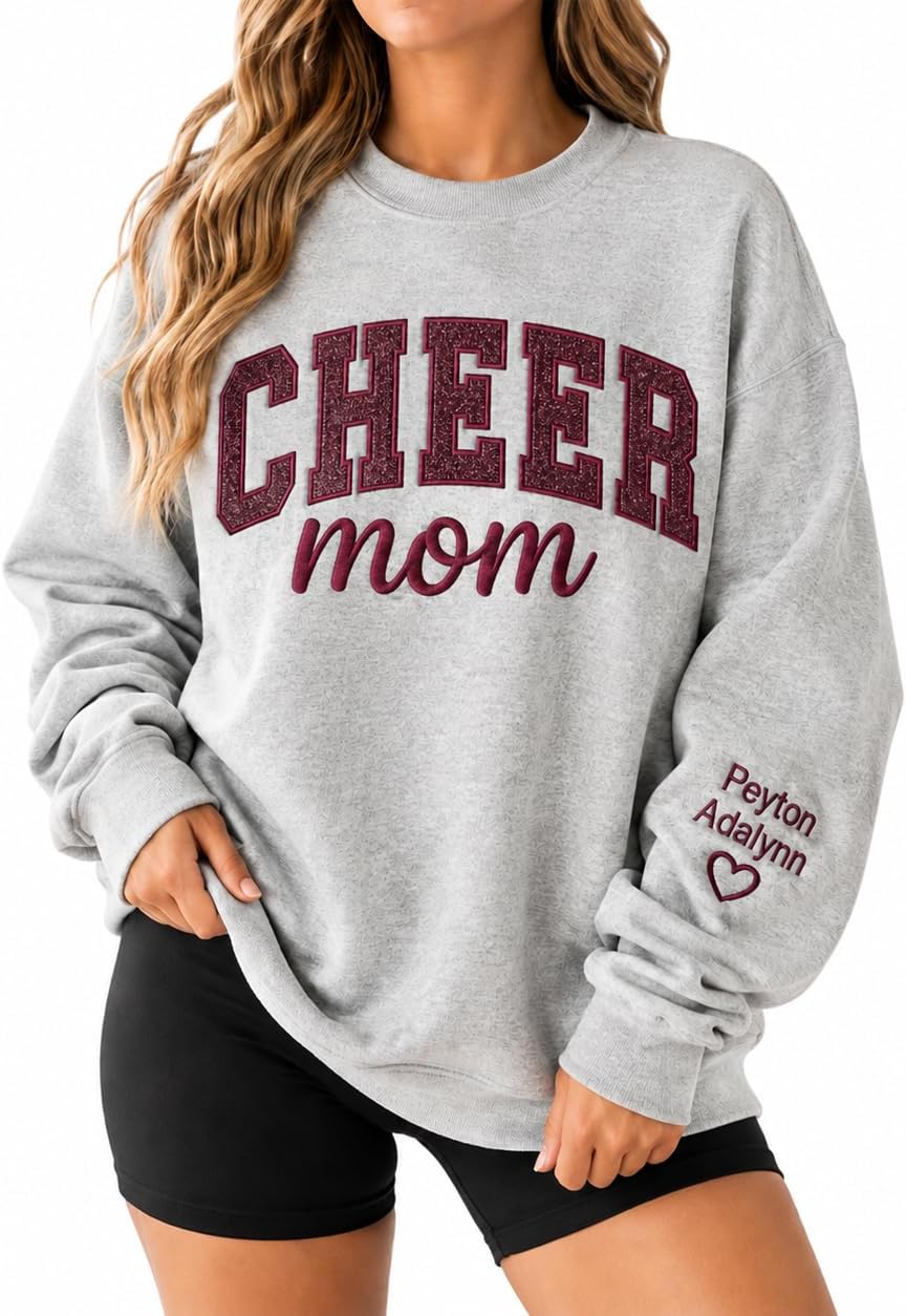 NAZENTI Personalized Custom Cheer Mom Sweatshirt, Glitter Embroidered Crewneck with Sleeve Name - Design 05