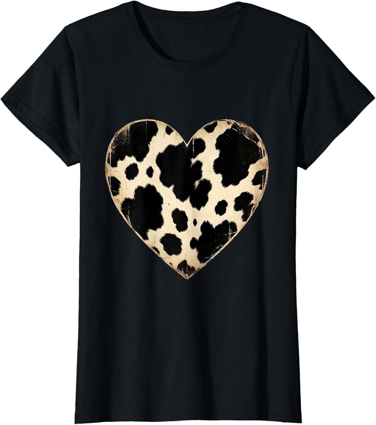 Cow Print Heart Bold Black Patches Graphic T-Shirt - Black