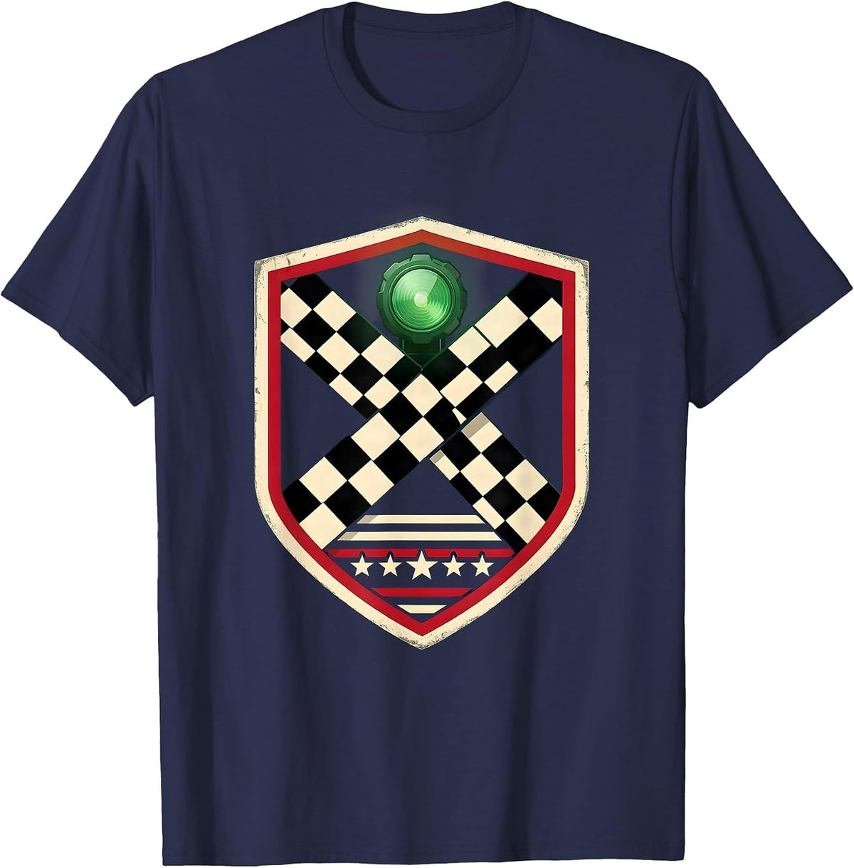 Sealed Shield Badge Racing Fan American Flag Checkered Flag T-Shirt - Navy Blue