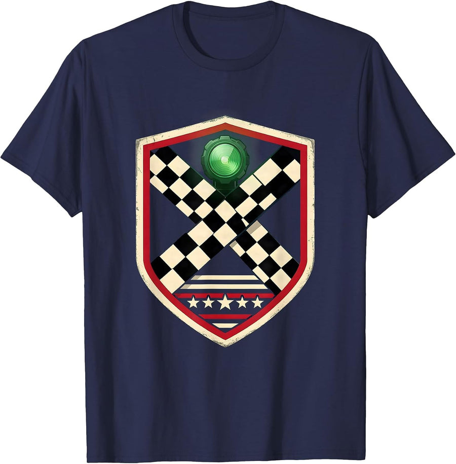 Sealed Shield Badge Racing Fan American Flag Checkered Flag T-Shirt - Navy Blue