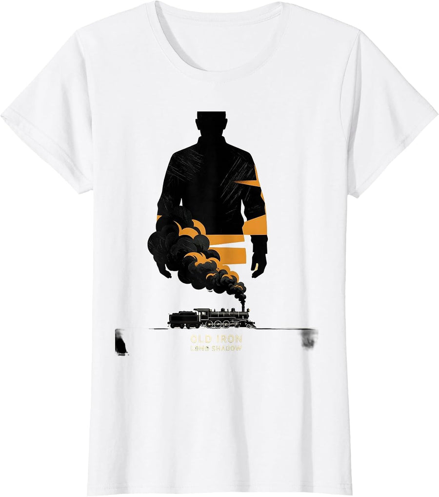 Women's Old Iron Long Shadow Vintage Steam Locomotive Train T-Shirt - White