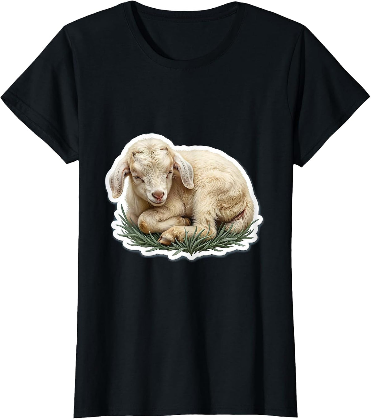 Women's Sleeping Baby Goat Curled Up in Grass T-Shirt - Black