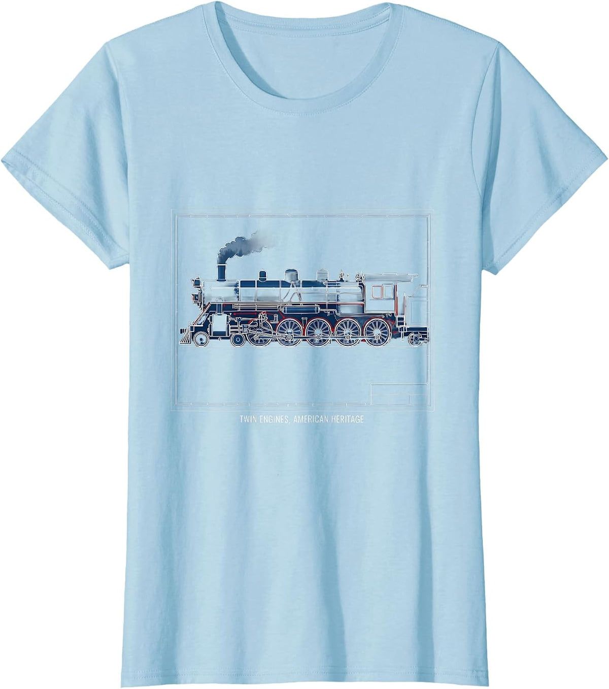 Women's Twin Engines, American Heritage Steam Locomotive Enthusiast T-Shirt - Baby Blue