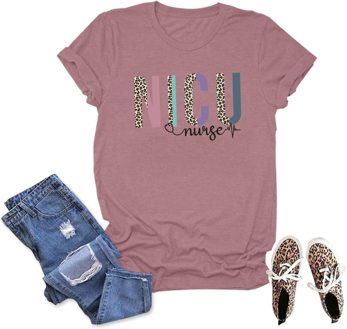 Nicu Nurse Shirt for Women Aesthetic Leopard Print Trendy Beach T-Shirt Casual Summer Short Sleeve Tee Tops Girl Gift - Pink