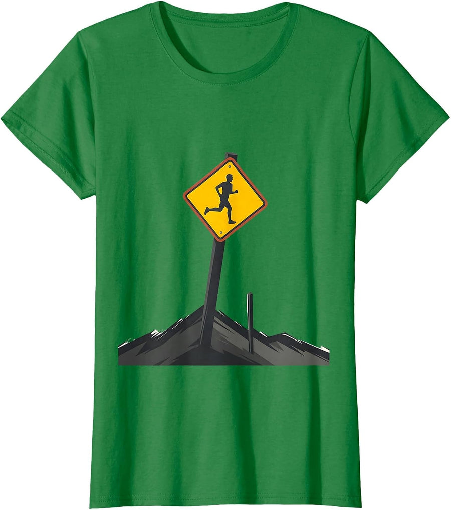 Women's Runner Caution Sign Cross Country Running Humor T-Shirt - Kelly Green