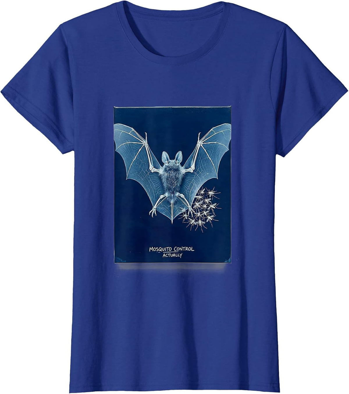 Women's Mosquito Control, Actually Funny Bat Lover Halloween Humor T-Shirt - Royal Blue
