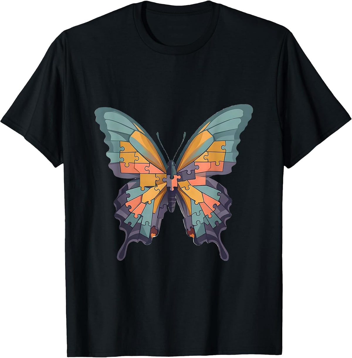Men's Neurodiversity Butterfly Geometric Puzzle Art T-Shirt - Black