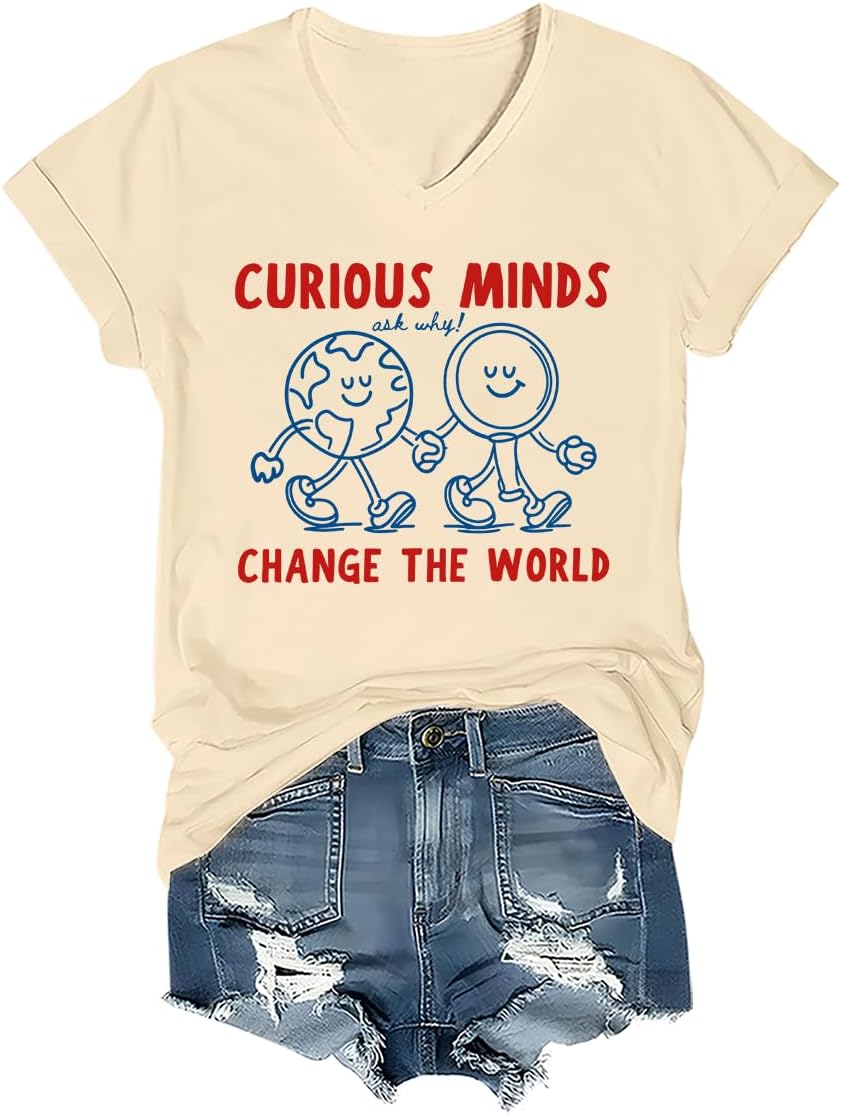 Curious Minds Change the World Science Teacher Shirt STEM Graphic Tee - V-Neck Creamy Yellow-vt-1