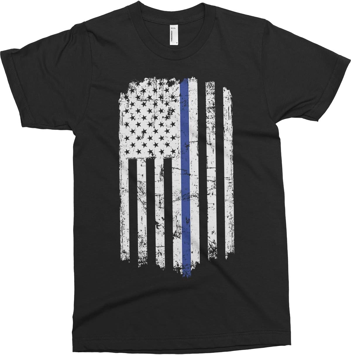 Threadrock Men's Blue Line Police American Flag T-Shirt - Black