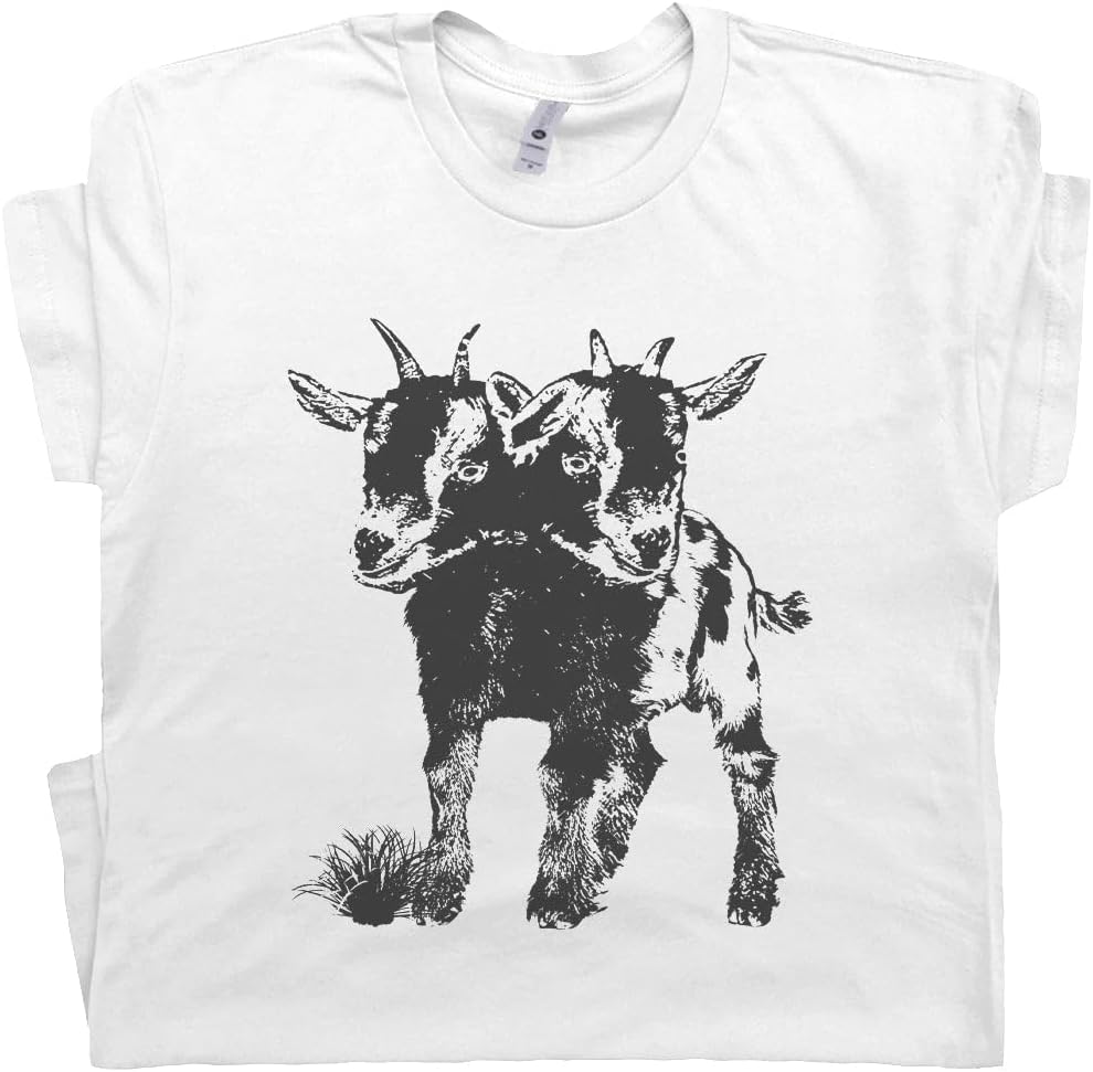 Two Headed Goat T Shirt Funny Vintage Farm Animal Weird Oddity Graphic Tee - White