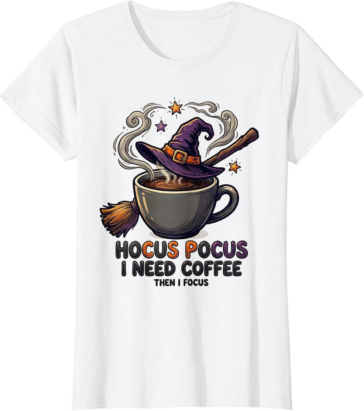 Women's Hocus Pocus I Need Coffee Then I Focus Halloween Teacher T-Shirt - White