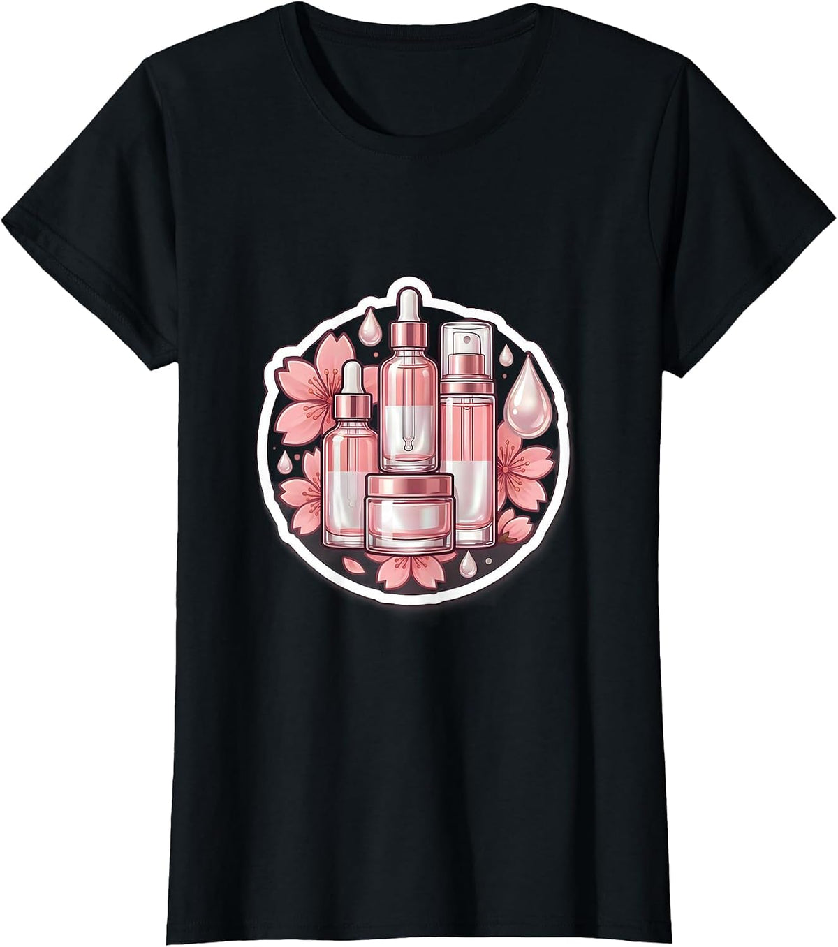 K-Beauty Skincare Routine Floral Bottle Stack T-Shirt - Black