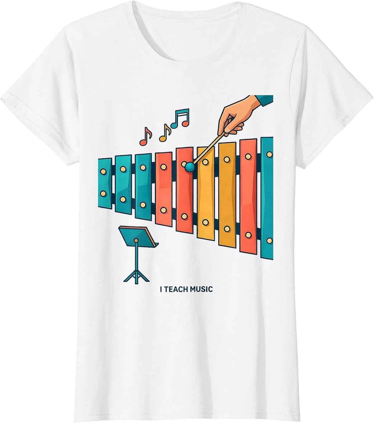 I Teach Music Flat Vector Teacher Appreciation Back T-Shirt - White