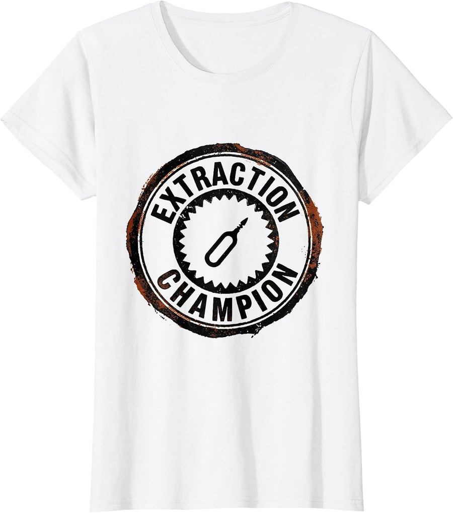 Women's Extraction Champion Rubber Stamp Esthetician Skincare Humor T-Shirt - White