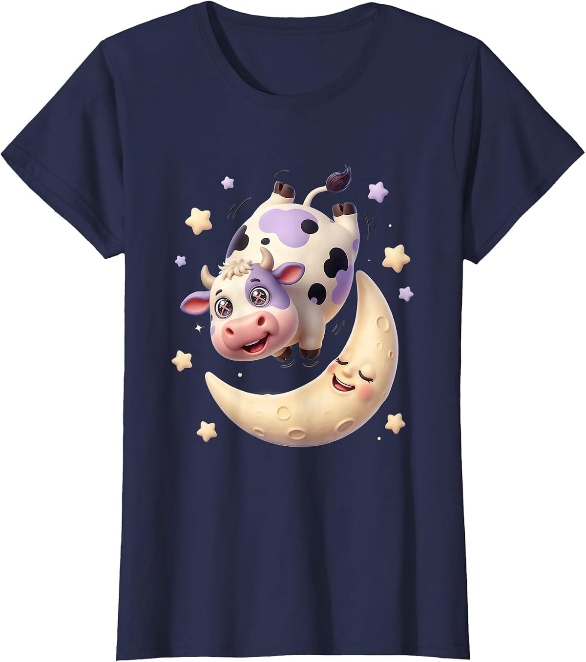 Women's Funny Cow Jumping Over the Moon Backwards T-Shirt - Navy Blue