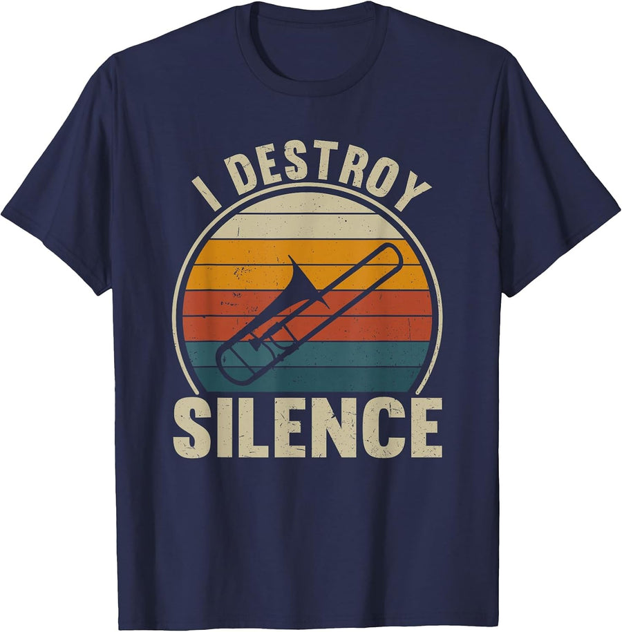 Trombone Player I Destroy Silence Recto Trombone Lover T-Shirt - Navy Blue