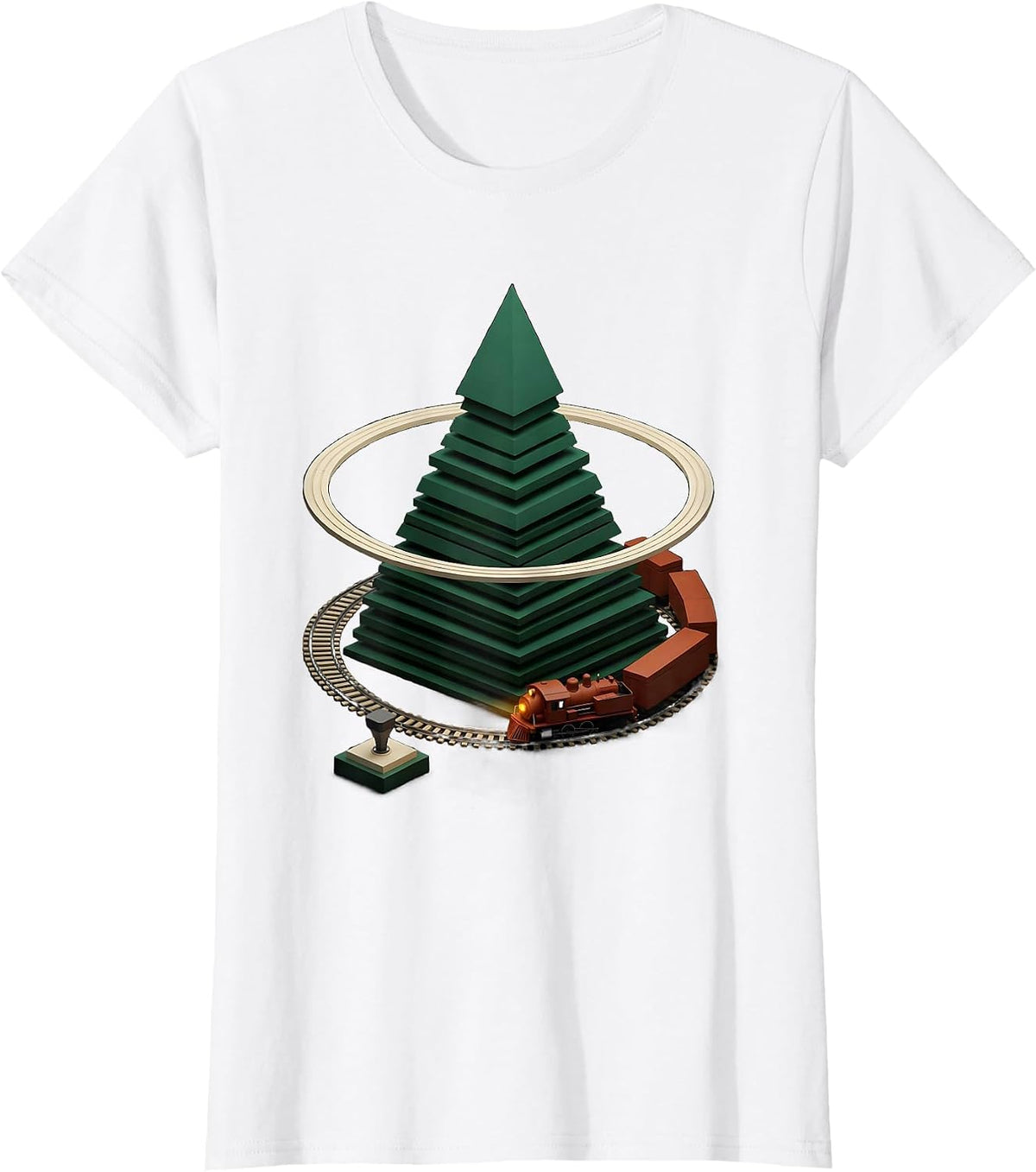 Stacked Tree Train Geometric Vintage Holiday T-Shirt - White