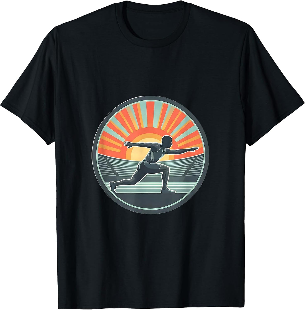 Men's Track Athlete Stretching Stadium Sunrise Graphic T-Shirt - Black