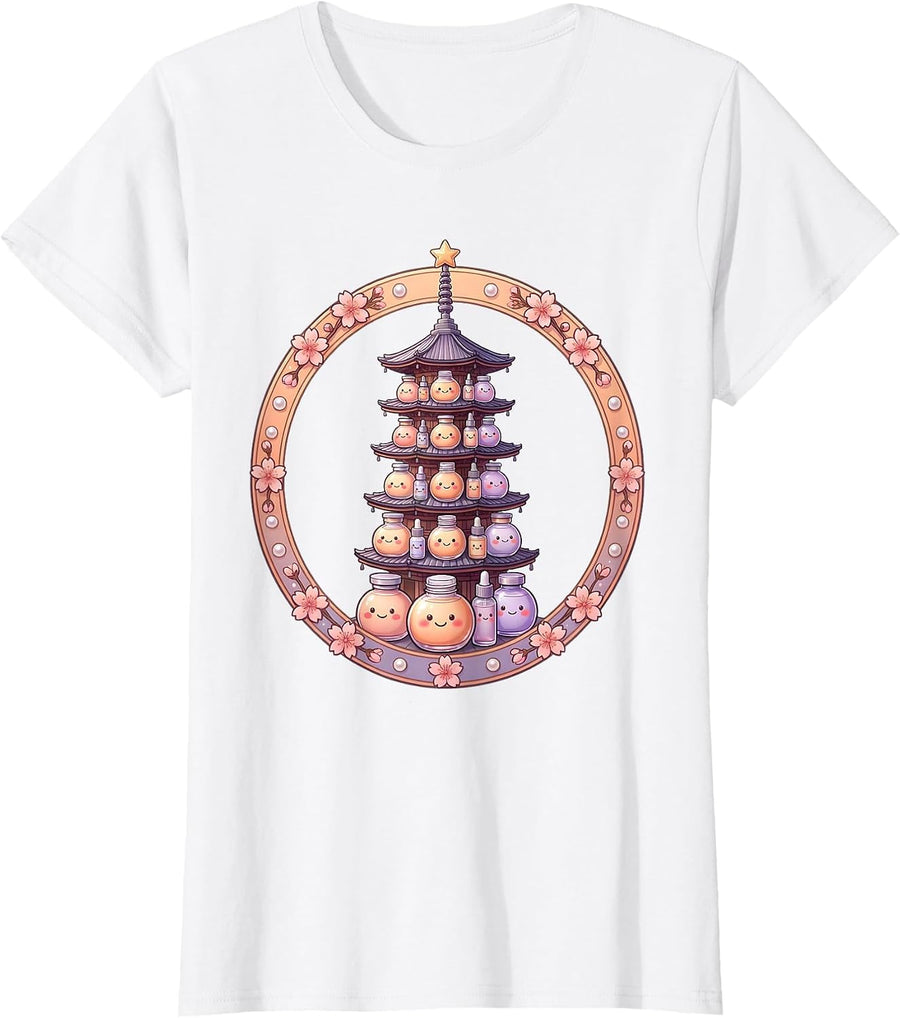Women's K-Beauty Skincare Pagoda Tower Illustration T-Shirt - White