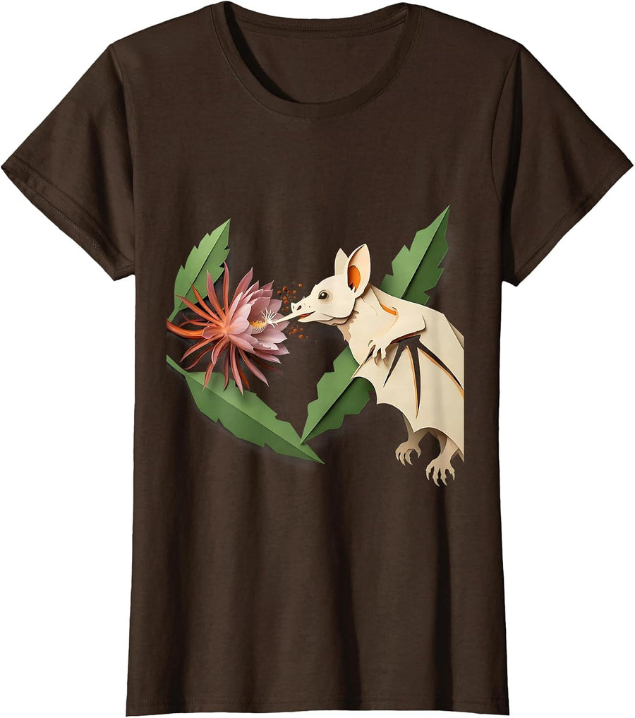 Women's Long-Nosed Nectar Bat Nature Illustration Halloween Bat T-Shirt - Brown