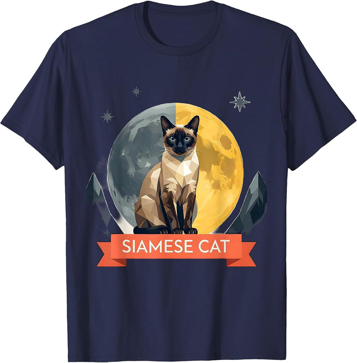 Siamese Cat Vintage Moonlit Retro Cat Portrait 90s T-Shirt - Navy Blue