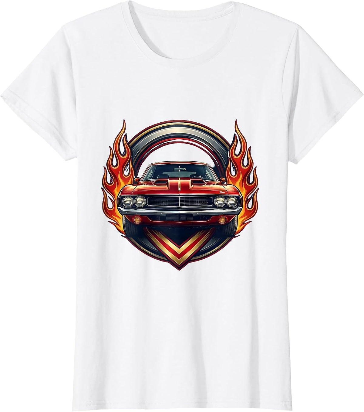 Classic Muscle Car Racing Flames American Design T-Shirt - White