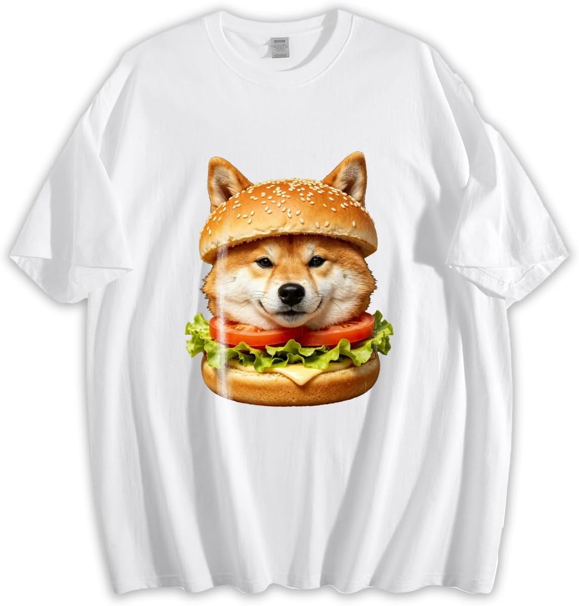 Unisex Loose Funny Shiba Inu Burger Realistic Graphic T-Shirt, Humorous Food Pet Casual Cotton Tee - White