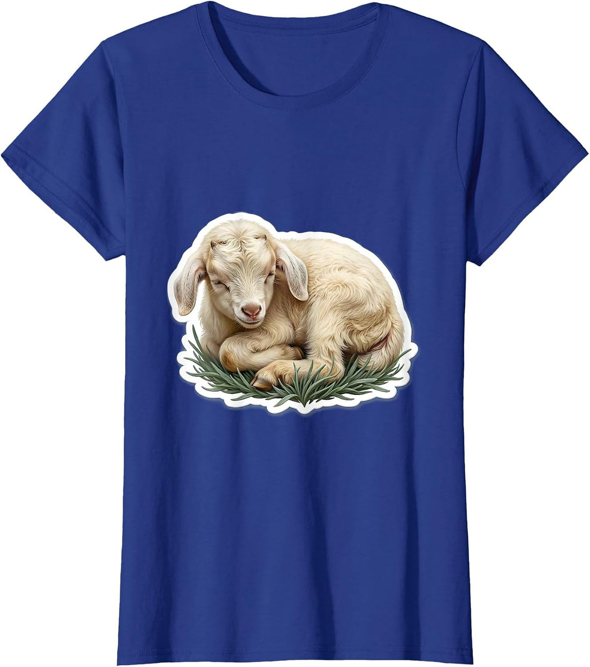 Women's Sleeping Baby Goat Curled Up in Grass T-Shirt - Royal Blue
