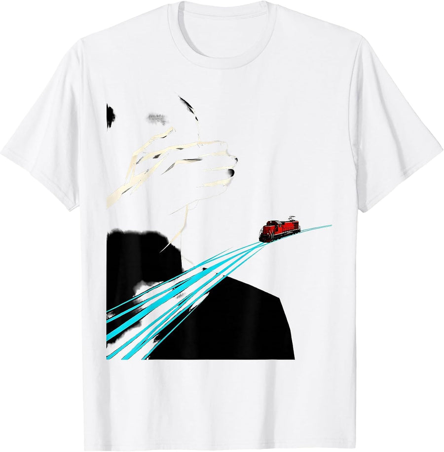 Men's Cropped Train Shading Locomotive Deadpan Humor T-Shirt - White